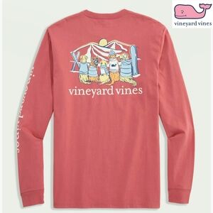 NWT Vineyard Vines Mens Large 'Sunset Ski Pups' Red Sky Long Sleeve Pocket Tee